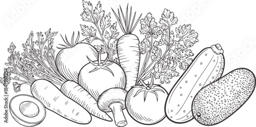 Black and white line of assorted fresh vegetables with greens