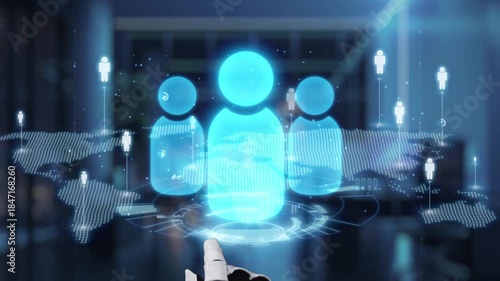 A robotic hand reaching out towards glowing user icons illustrates the fusion of technology and communication, representing innovative trends in artificial intelligence and digital interaction. Auvana