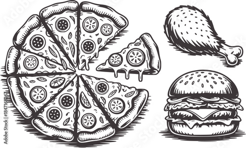 Black and white of sliced pizza chicken drumstick and burger