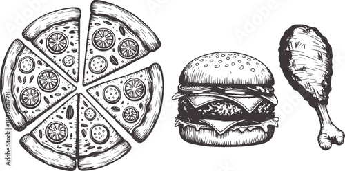 Black and white of sliced pizza burger and drumstick