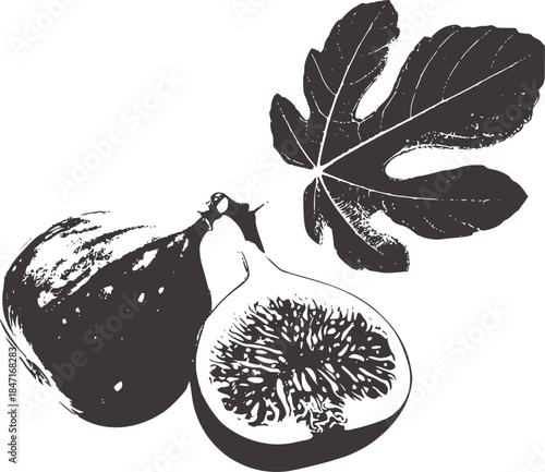 Black and white of whole and halved figs with leaf