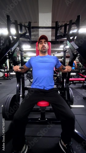 Front View of Athlete Using Plate-Loaded Chest Press Machine – Vertical Gym Workout