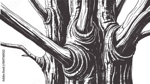 Detailed black and white pencil of intertwined tree branches