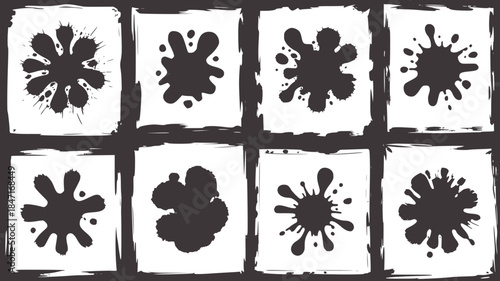 Eight black and white abstract inkblot splatter grunge