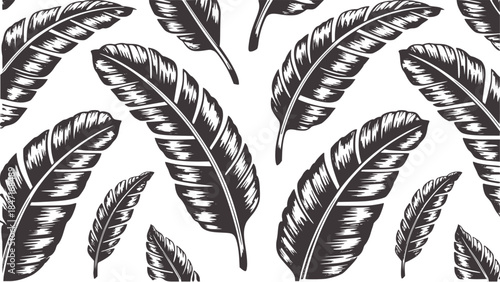 Monochrome detailed pattern of banana leaves seamless texture