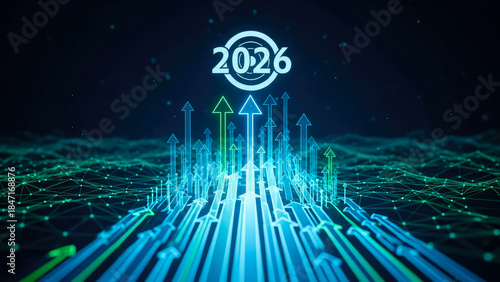 Glowing 2026 digits surrounded by upward blue and green arrows, symbolizing growth, progress, and digital innovation for the new year and markets.