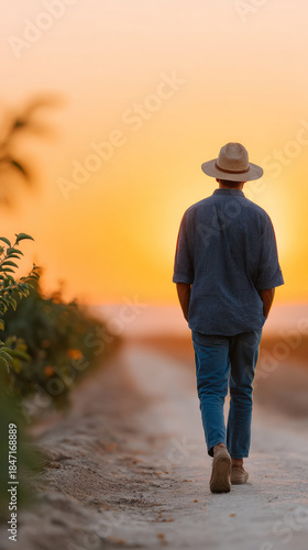 Male strolling on beach path at sunset wearing hat and casual outfit