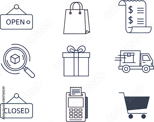 E-commerce and shopping line icon set, modern digital retail graphics, delivery, payment, online store status symbols, business, commerce, mobile app design assets.
