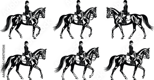Equestrian horseback riding silhouette set, black and white female riders, dressage, jumping, horse sports vector graphics, training, animal, competition, hobby.