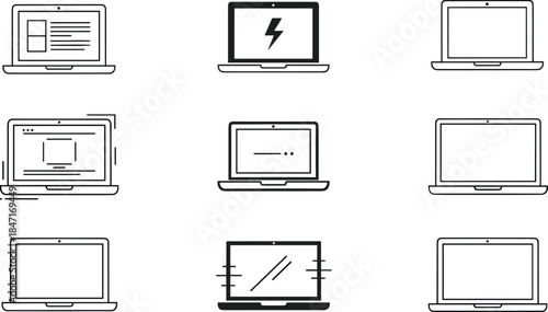 Technology and computing line icon set, modern digital devices, laptops, notebooks, portable computer graphics, internet, screens, minimalist design, vector symbols.