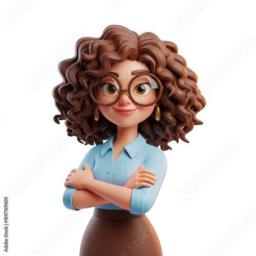 Stylized 3d woman with curly hair and glasses isolated on transparent background