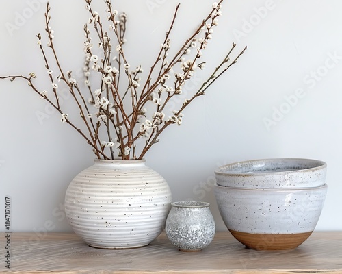 Minimalist ceramic vases with delicate flowering branches creating a serene home decor scene