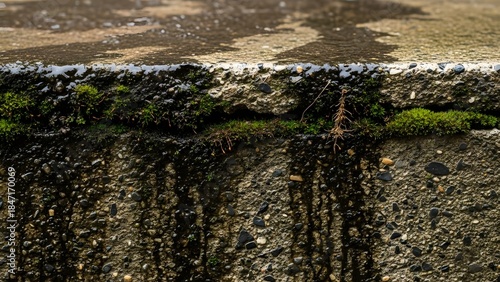 Close-up view of moss growing in a crack on a wet concrete surface with water stains.