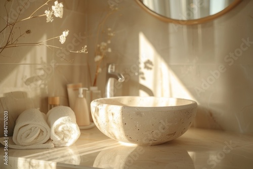 Elegant and Serene Modern Bathroom Interior Featuring Stone Sink, Beige Accents, and Natural Light