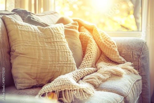 Cozy And Serene Living Space Embraced By Comfort With Elegant Beige Textures And Soft Textiles