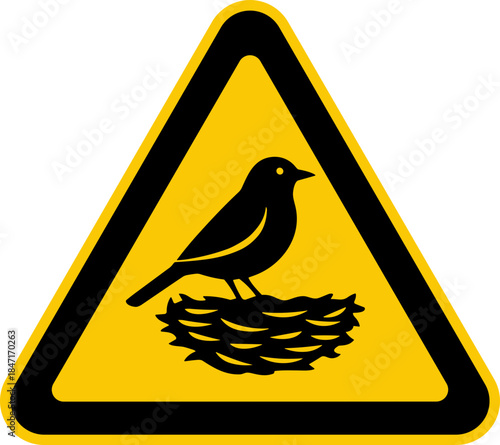Warning sign with a bird on its nest in a minimalistic style with a white background