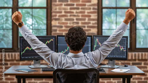 Successful stock trader celebrating financial gains with multi-monitor setup in a home office