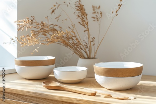 Charming Still Life with Rustic Ceramic Bowls and Wooden Utensils in Soft Morning Light Setting