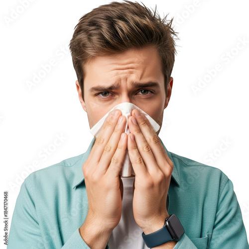 Man blowing nose with tissue isolated on transparent background