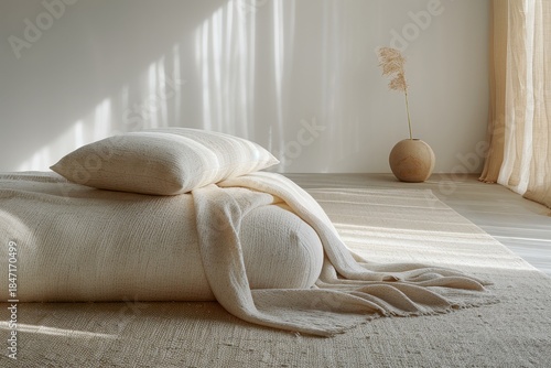Calm Minimalist Room with Soft Linens, Bright Sunlight, and Warm Textures for Ultimate Relaxation