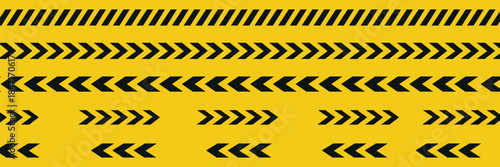 Horizontal and crossed caution tapes with black and yellow chevron print. Warn borders in construction work zone or criminal scene. Hazard, risk, emergency or stop signs.