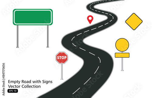 Road , highway, asphalt, illustration with stop and location, traffic sign , symbols, eps 10