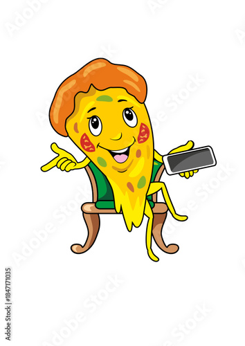 Cartoon slice of pizza takes orders on a smartphone