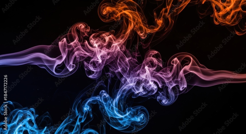 Obraz premium Colorful smoke wisps rising against a dark background with vibrant orange purple and blue hues creating abstract art