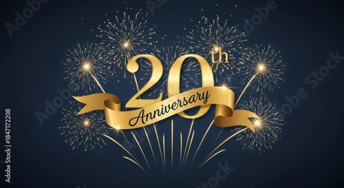 Twentith anniversary celebration golden ribbon number twenty fireworks dark blue background festive event greeting card design