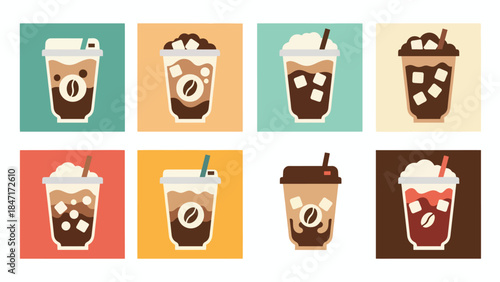 Vector illustration of assorted iced coffee and milk drinks in takeaway cups with straws, isolated on white background, featuring cold brew, latte, frappe, and bubble tea for cafe menus and branding