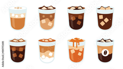 Vector illustration of assorted iced coffee and milk drinks in takeaway cups with straws, isolated on white background, featuring cold brew, latte, frappe, and bubble tea for cafe menus and branding