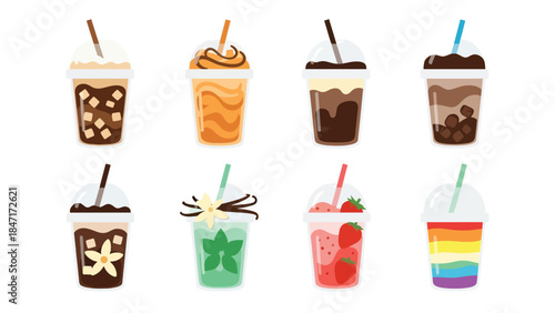 Vector illustration of assorted iced coffee and milk drinks in takeaway cups with straws, isolated on white background, featuring cold brew, latte, frappe, and bubble tea for cafe menus and branding