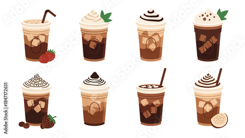 Vector illustration of assorted iced coffee and milk drinks in takeaway cups with straws, isolated on white background, featuring cold brew, latte, frappe, and bubble tea for cafe menus and branding