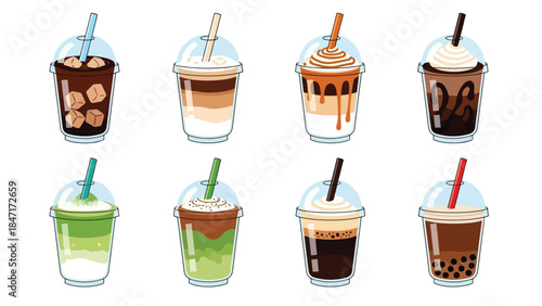 Vector illustration of assorted iced coffee and milk drinks in takeaway cups with straws, isolated on white background, featuring cold brew, latte, frappe, and bubble tea for cafe menus and branding