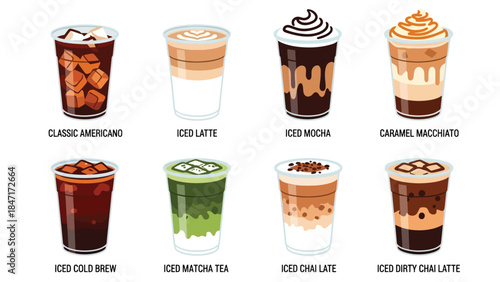 Vector illustration of assorted iced coffee and milk drinks in takeaway cups with straws, isolated on white background, featuring cold brew, latte, frappe, and bubble tea for cafe menus and branding