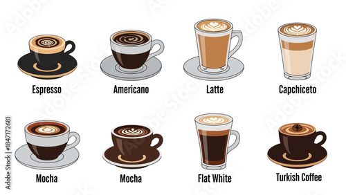 Vector illustration of assorted hot coffee drinks in cups and glasses, isolated on white background, featuring espresso, latte, cappuccino, and mocha, ideal for cafe menus, beverage icons