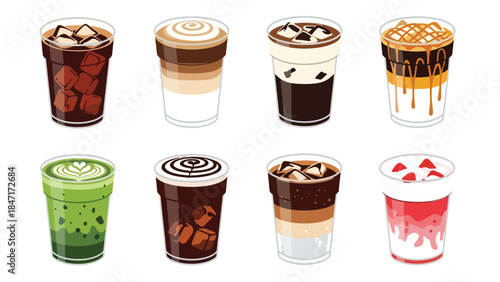 Vector illustration of assorted iced coffee and milk drinks in takeaway cups with straws, isolated on white background, featuring cold brew, latte, frappe, and bubble tea for cafe menus and branding