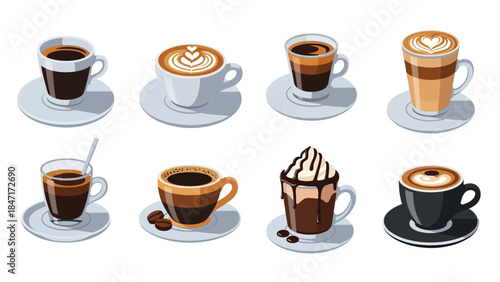 Vector illustration of assorted hot coffee drinks in cups and glasses, isolated on white background, featuring espresso, latte, cappuccino, and mocha, ideal for cafe menus, beverage icons