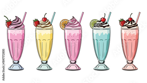 Vector illustration of sweet milkshake drinks in tall mugs topped with whipped cream, fruit, and chocolate drizzle, isolated on white background, perfect for dessert menus, cafe branding