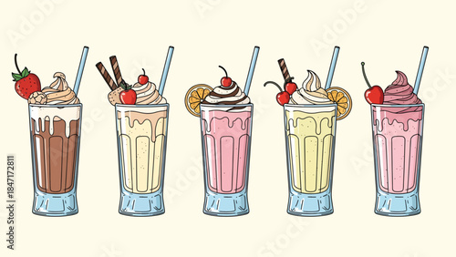 Vector illustration of sweet milkshake drinks in tall mugs topped with whipped cream, fruit, and chocolate drizzle, isolated on white background, perfect for dessert menus, cafe branding