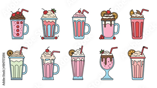 Vector illustration of sweet milkshake drinks in tall mugs topped with whipped cream, fruit, and chocolate drizzle, isolated on white background, perfect for dessert menus, cafe branding