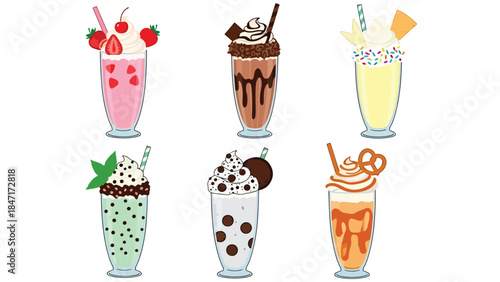 Vector illustration of sweet milkshake drinks in tall mugs topped with whipped cream, fruit, and chocolate drizzle, isolated on white background, perfect for dessert menus, cafe branding
