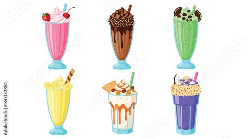 Vector illustration of sweet milkshake drinks in tall mugs topped with whipped cream, fruit, and chocolate drizzle, isolated on white background, perfect for dessert menus, cafe branding