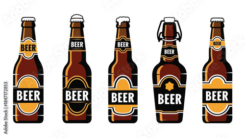 Vector illustration of assorted beer bottles, isolated on white background, showcasing different styles and packaging designs, ideal for beverage branding, bar menus, alcohol marketing, mockup