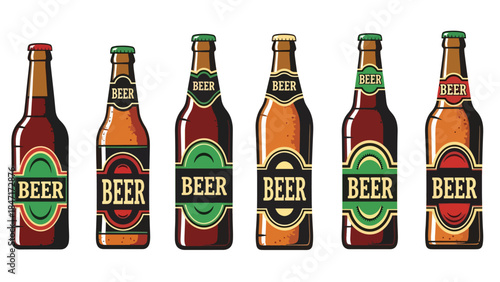 Vector illustration of assorted beer bottles, isolated on white background, showcasing different styles and packaging designs, ideal for beverage branding, bar menus, alcohol marketing, mockup