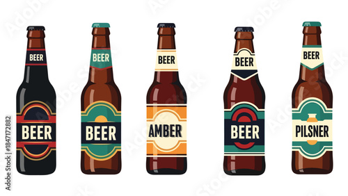 Vector illustration of assorted beer bottles, isolated on white background, showcasing different styles and packaging designs, ideal for beverage branding, bar menus, alcohol marketing, mockup