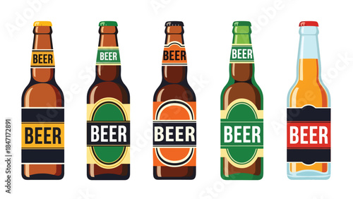 Vector illustration of assorted beer bottles, isolated on white background, showcasing different styles and packaging designs, ideal for beverage branding, bar menus, alcohol marketing, mockup