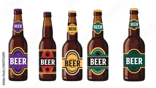 Vector illustration of assorted beer bottles, isolated on white background, showcasing different styles and packaging designs, ideal for beverage branding, bar menus, alcohol marketing, mockup