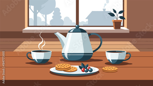 Modern flat vector illustration of tea time setup with teapot, cups, and snacks on table, calm and relaxing beverage scene ideal for wellness, hospitality, and lifestyle themes