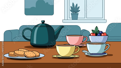 Modern flat vector illustration of tea time setup with teapot, cups, and snacks on table, calm and relaxing beverage scene ideal for wellness, hospitality, and lifestyle themes